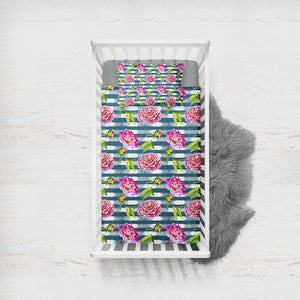 Flower Stripe Bluetint Theme SWCC5245 Crib Bedding, Crib Fitted Sheet, Crib Blanket