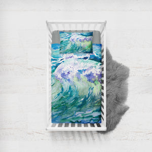 Watercolor Blue Waves Japanese Art  SWCC5246 b Bedding, Crib Fitted Sheet, Crib Blanket