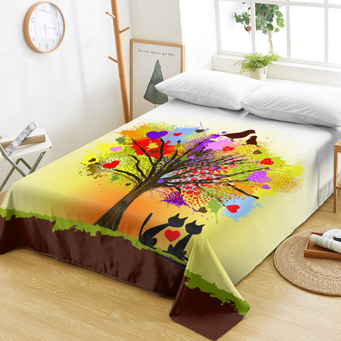 Image of Birds & Cats Couple Colorful Tree Theme SWCD4727 Flat Sheet