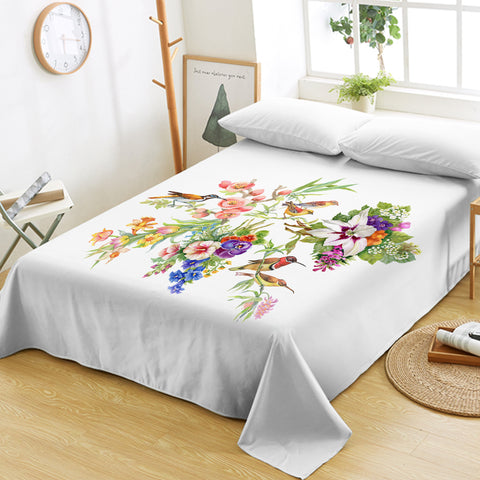 Image of Multi Flowers & Sunbirds White Theme SWCD4732 Flat Sheet