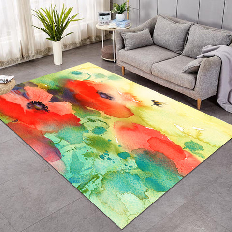 Image of Red Flowers & Green Leaves Watercolor Painting SWDD4398 Rug