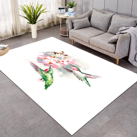 Image of Green Sunbirds Sucking Flowers Watercolor Painting  SWDD4408 Rug