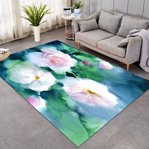 Image of White Flowers & Green Leaves Watercolor Painting SWDD4409 Rug