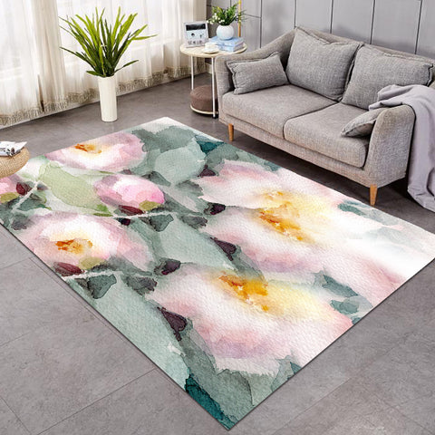 Image of Pink Lotus & Green Leaves Watercolor Painting SWDD4418 Rug