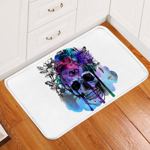 Floral Skull Black Sketch Blue & Pink Watercolor SWDD4433 Door Mat