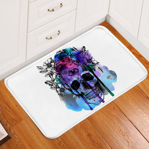 Image of Floral Skull Black Sketch Blue & Pink Watercolor SWDD4433 Door Mat