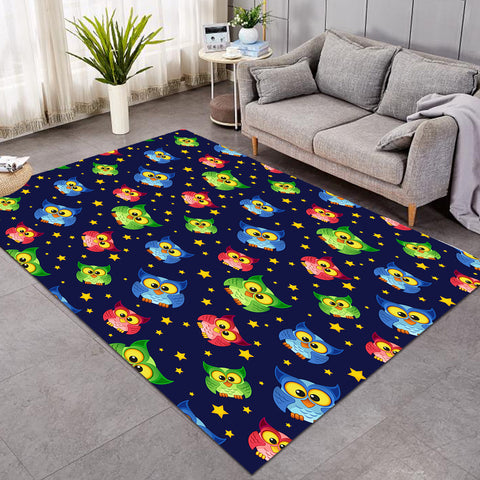 Image of Multi Cute Colorful Owls Night Sky Illustration  SWDD4448 Rug