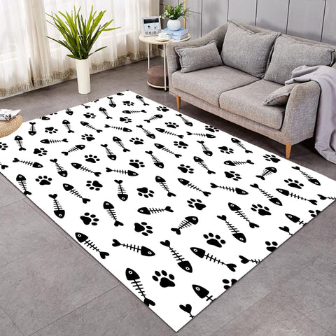 Image of B&W Cute Fish Bone & Dog Footprint Monogram SWDD4605 Rug