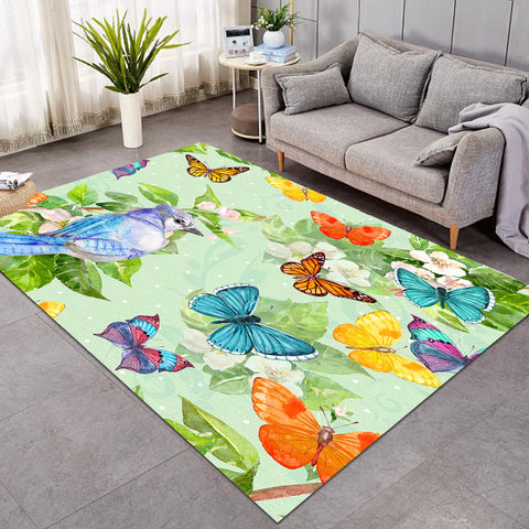 Image of Watercolor Big Blue Sunbird & Colorful Butterflies SWDD4739 Rug