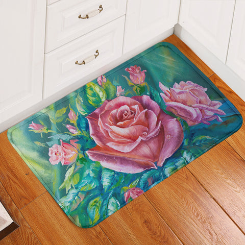 Image of Watercolor Pink Roses Green Them SWDD5250 Door Mat