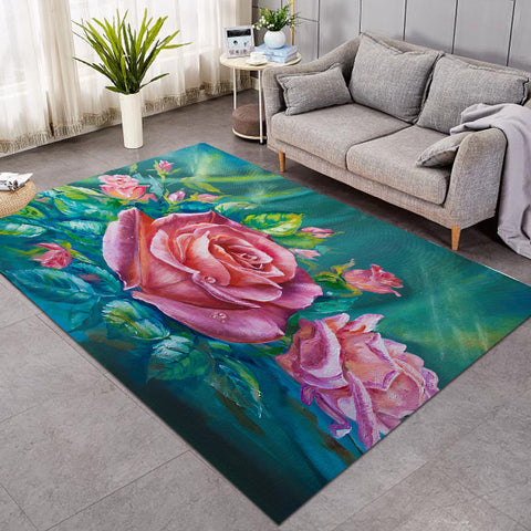 Image of Watercolor Pink Roses Green Theme SWDD5250 Rug