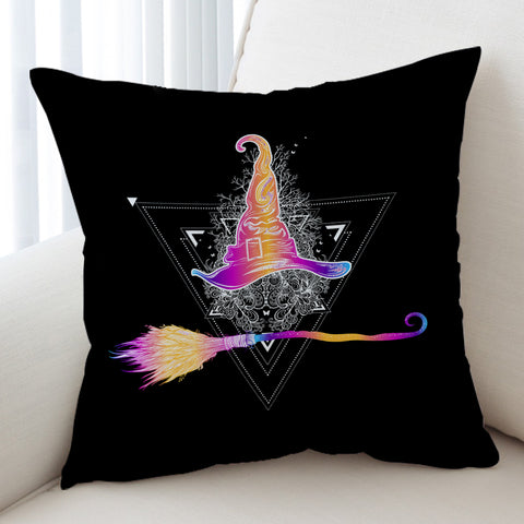 Image of Colorful Gradient Witch Hat & Flying Broom SWKD3384 Cushion Cover