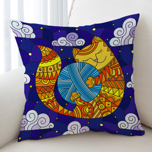 Yellow Aztec Cat Holding Lump Of Wool SWKD3647 Cushion Cover