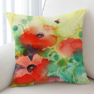 Red Flowers & Green Leaves Watercolor Painting SWKD4398 Cushion Cover