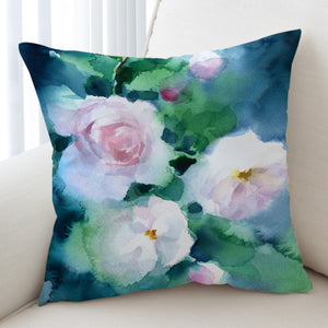 White Flowers & Green Leaves Watercolor Painting SWKD4409 Cushion Cover