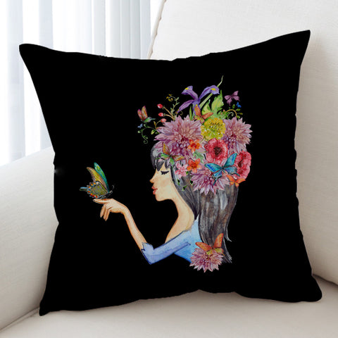 Image of Butterfly Standing On Hand Of Floral Hair Lady SWKD4424 Cushion Cover