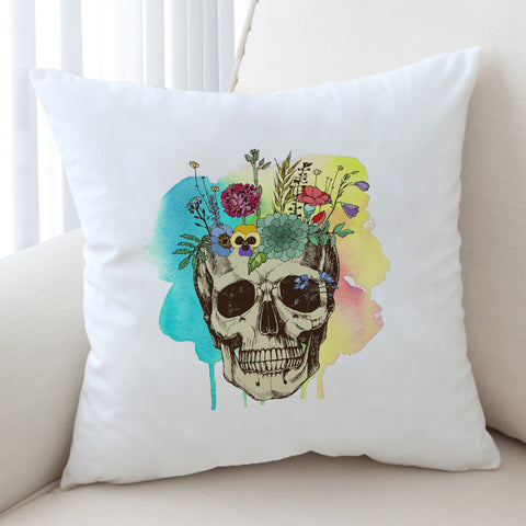 Image of Colorful Flowers On Skull Watercolor Background SWKD4430 Cushion Cover