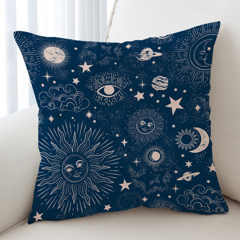 Image of Retro Cream Sun Moon Star Sketch Galaxy Navy Theme SWKD4520 Cushion Cover