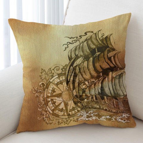 Image of Vintage Black Print Compass & Pirate Boat SWKD4644 Cushion Cover