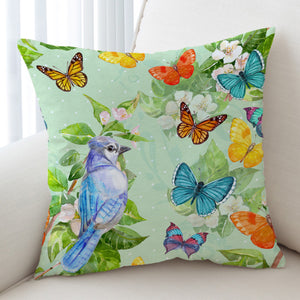 Watercolor Big Blue Sunbird & Colorful Butterflies SWKD4739 Cushion Cover