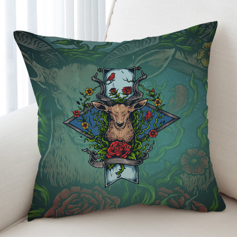 Image of Old School Colorful Floral Deer Head SWKD4740 Cushion Cover