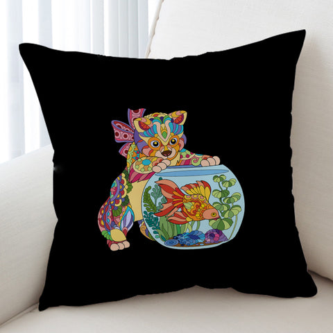 Image of Colorful Geometric Cat & Fishbowl SWKD4743 Cushion Cover