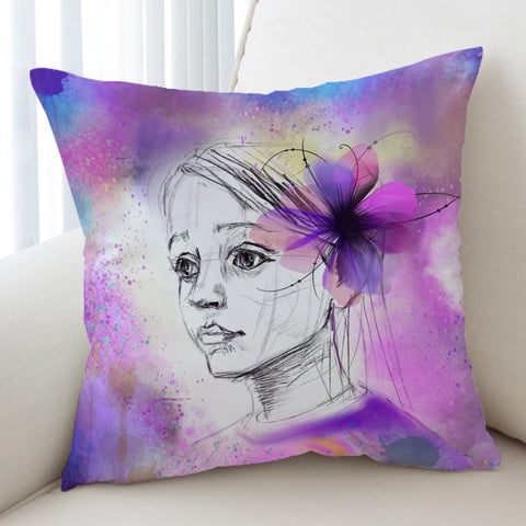 Image of Purple Floral On Lady's Ear Sketch SWKD4752 Cushion Cover