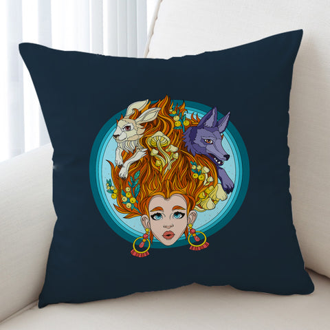 Image of Jungle Lady Rabbit & Wolf Illustration SWKD5337 Cushion Cover