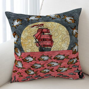 Multi Fishes & Pirate Ship Dark Theme Color Pencil Sketch SWKD5345 Cushion Cover