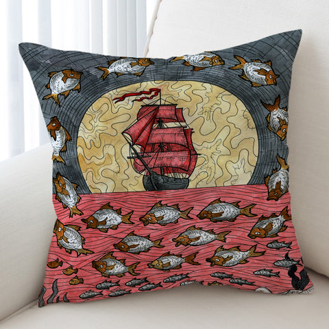 Image of Multi Fishes & Pirate Ship Dark Theme Color Pencil Sketch SWKD5345 Cushion Cover