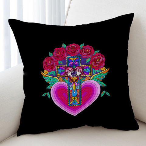 Image of Old School Cross Heart Illustration Pink Color SWKD5356 Cushion Cover