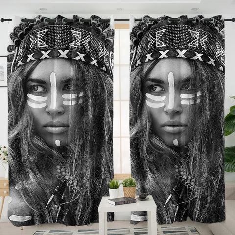 Image of B&W Aboriginal Woman Pattern SWKL3459 - 2 Panel Curtains