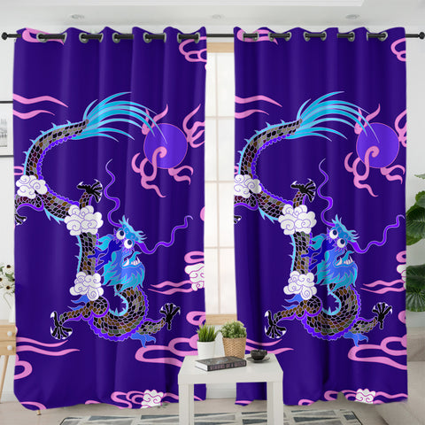 Image of Blue&Pink Asian Dragon and Cloud SWKL3474 - 2 Panel Curtains