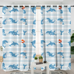 Stripe Playing Dolphin SWKL3485 - 2 Panel Curtains