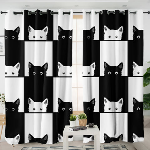 Image of B&W Cats Checkerboard SWKL3488 - 2 Panel Curtains