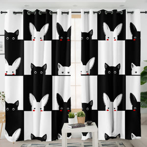 B&W Rabbits & Cats Checkerboard SWKL3489 - 2 Panel Curtains