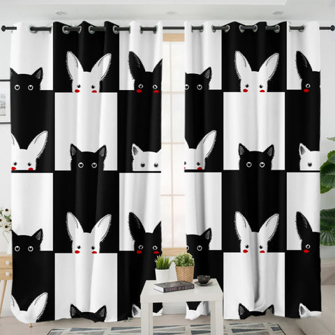 Image of B&W Rabbits & Cats Checkerboard SWKL3489 - 2 Panel Curtains