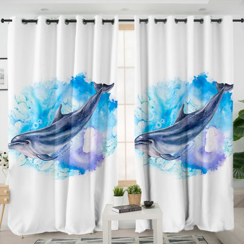 Image of Blue Spray Dolphin SWKL3596 - 2 Panel Curtains