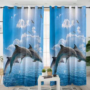 Dolphins Jumping Over Ocean SWKL3614 - 2 Panel Curtains