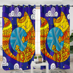 Yellow Aztec Cat Holding Lump Of Wool SWKL3647 - 2 Panel Curtains