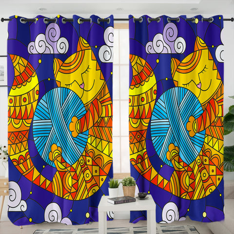 Image of Yellow Aztec Cat Holding Lump Of Wool SWKL3647 - 2 Panel Curtains