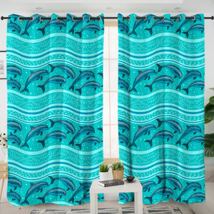 Jumping Dolphins Mint Stripes SWKL3650 - 2 Panel Curtains