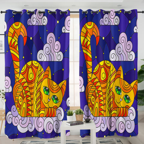 Image of Lying Yellow Aztec Cat SWKL3658 - 2 Panel Curtains