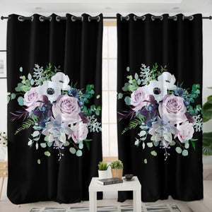 Purple Flowers On Black SWKL3700 - 2 Panel Curtains