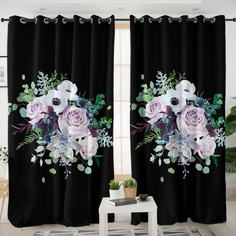 Image of Purple Flowers On Black SWKL3700 - 2 Panel Curtains