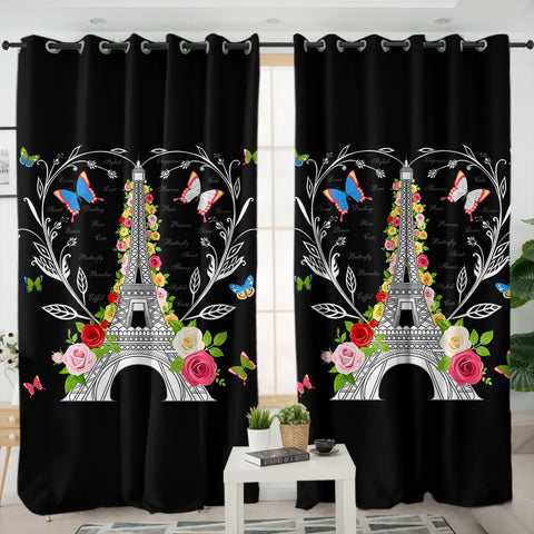 Image of Paris Butterfly and Floral Eiffel SWKL3749 - 2 Panel Curtains