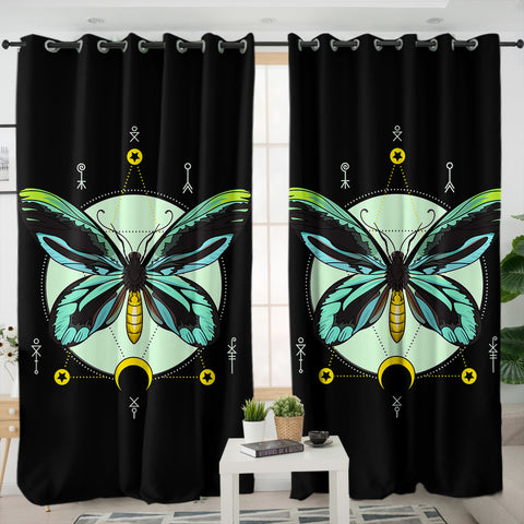 Image of Neon Green and Blue Gradient Butterfly Illustration SWKL3751 - 2 Panel Curtains