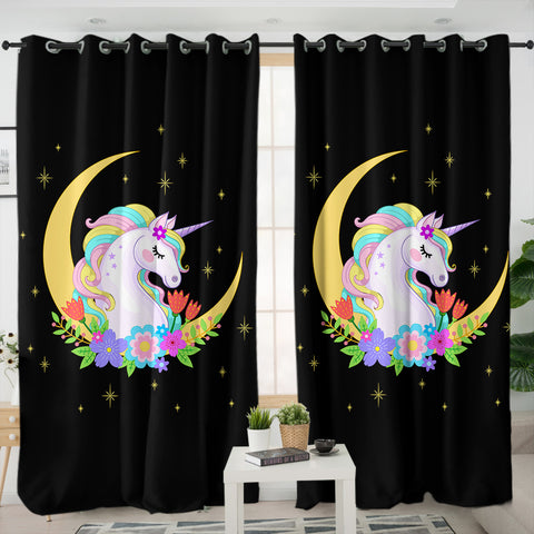 Image of Cute Half Moon Cartoon Unicorn SWKL3762 - 2 Panel Curtains