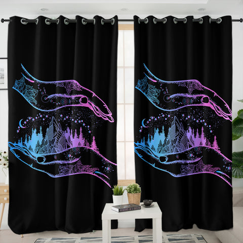 Image of Gradient Blue & Purple Night Forest in Hands SWKL3805 - 2 Panel Curtains