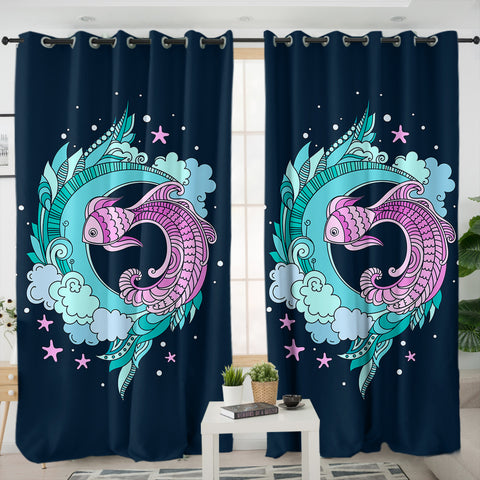 Image of Purple Fish and Water Japanese Art SWKL3810 - 2 Panel Curtains